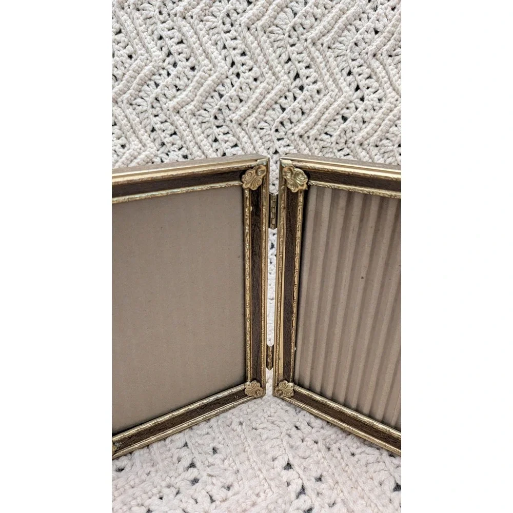 Vintage Gold Tone and Wood Grain Double Hinged 4x6 Photo Frame Folding Picture